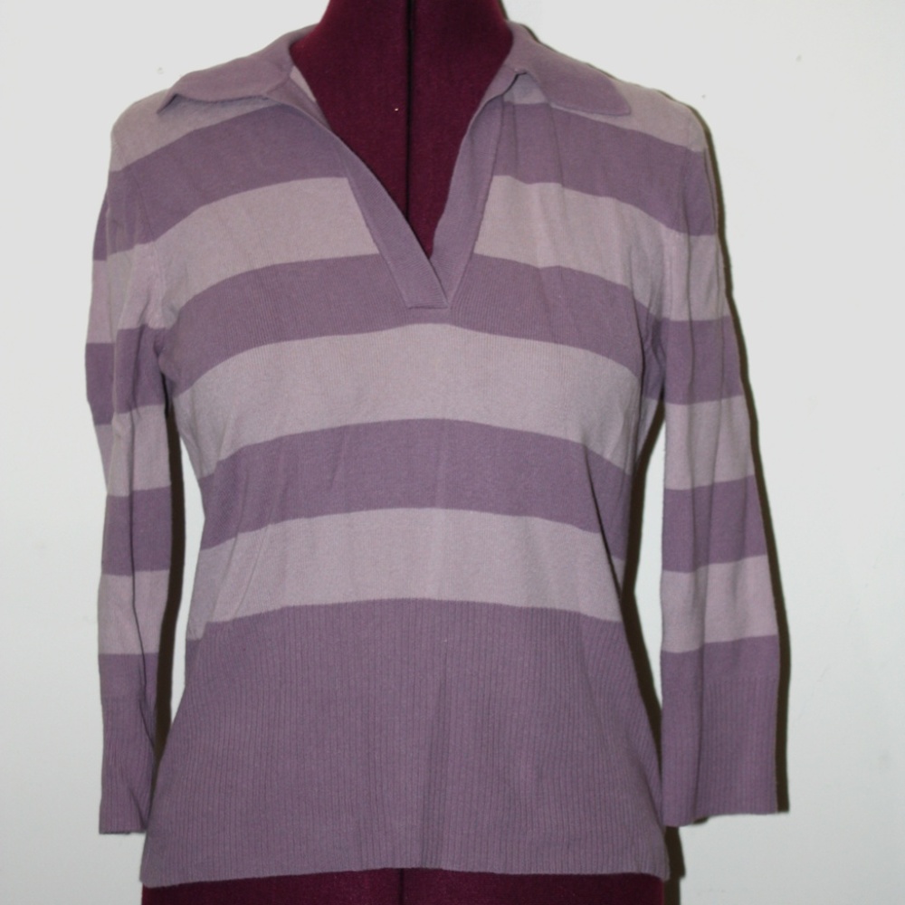 Purple Striped 3/4 Length Collared Top, Womens, M